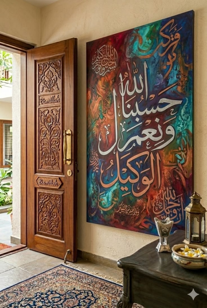 Handcrafted Islamic Calligraphy & Carved Entrance Door Art